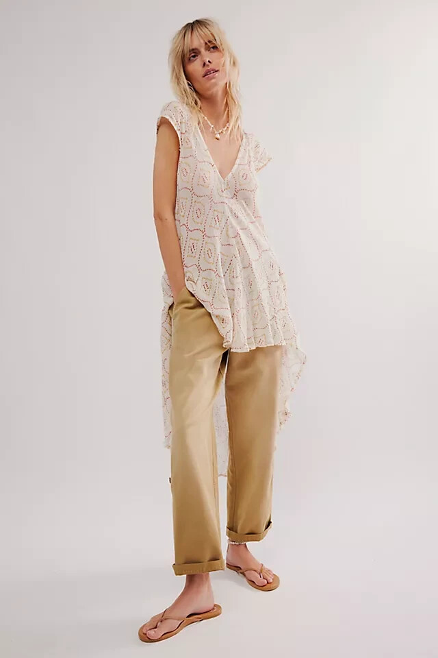 Free People Leila Tunic Fp One V Neck Printed Hi-Low Sheer Gathered Top Ivory L