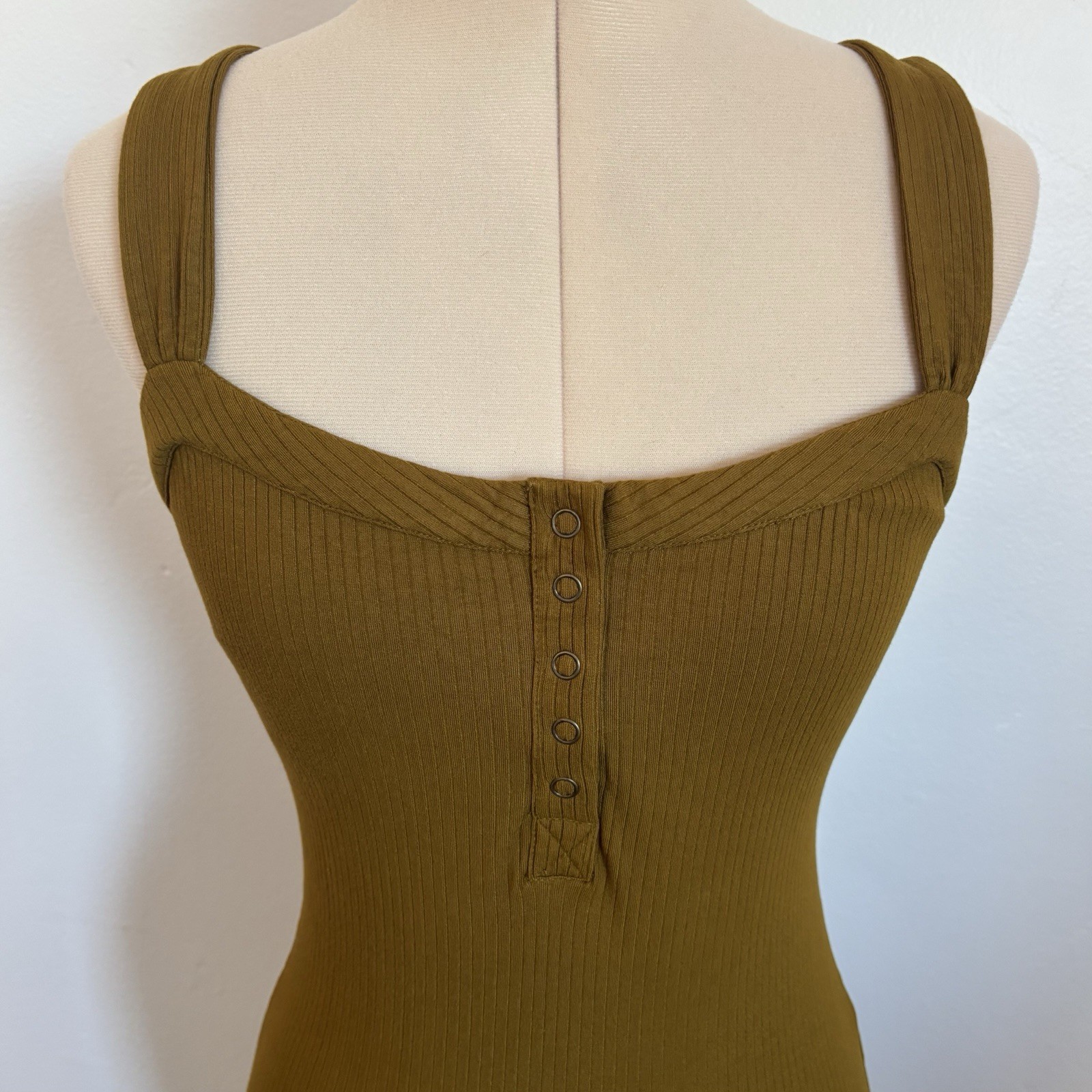 L*Space Louise Ribbed Knee Length Dress, Olive Moss Green, Thick Tank Straps, S