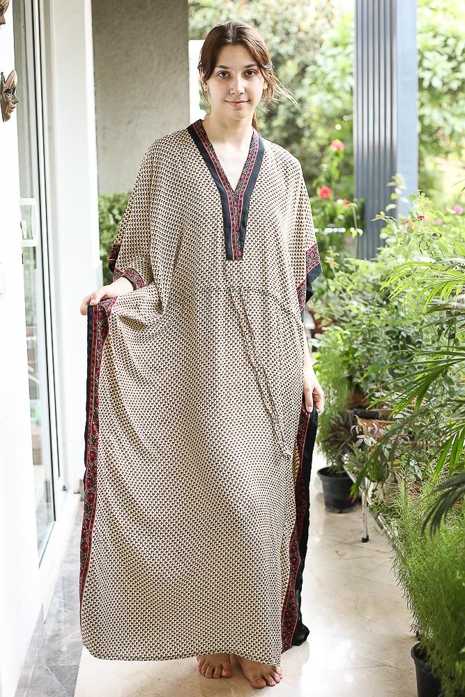 Silk Beige Kaftan / Handmade Flowy Maxi Dress / Resort Wear Outfit PS MFN1023