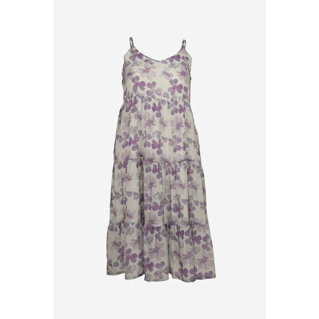 Reistor 100% Bemberg Cupro Lilac Strappy Floral Tiered Midi Dress Pockets S