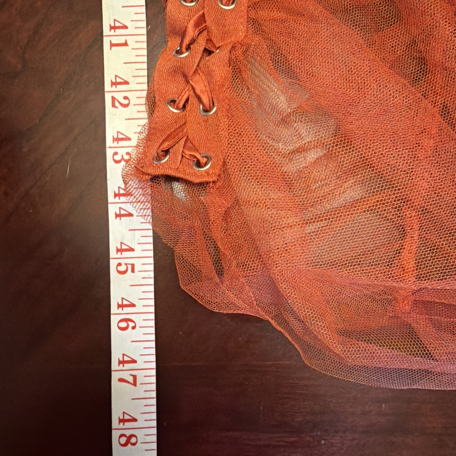 Rehab Lab Sheer Ruched Rust Midi Dress Sz L Tie Up Sides Stretchy Festival Party
