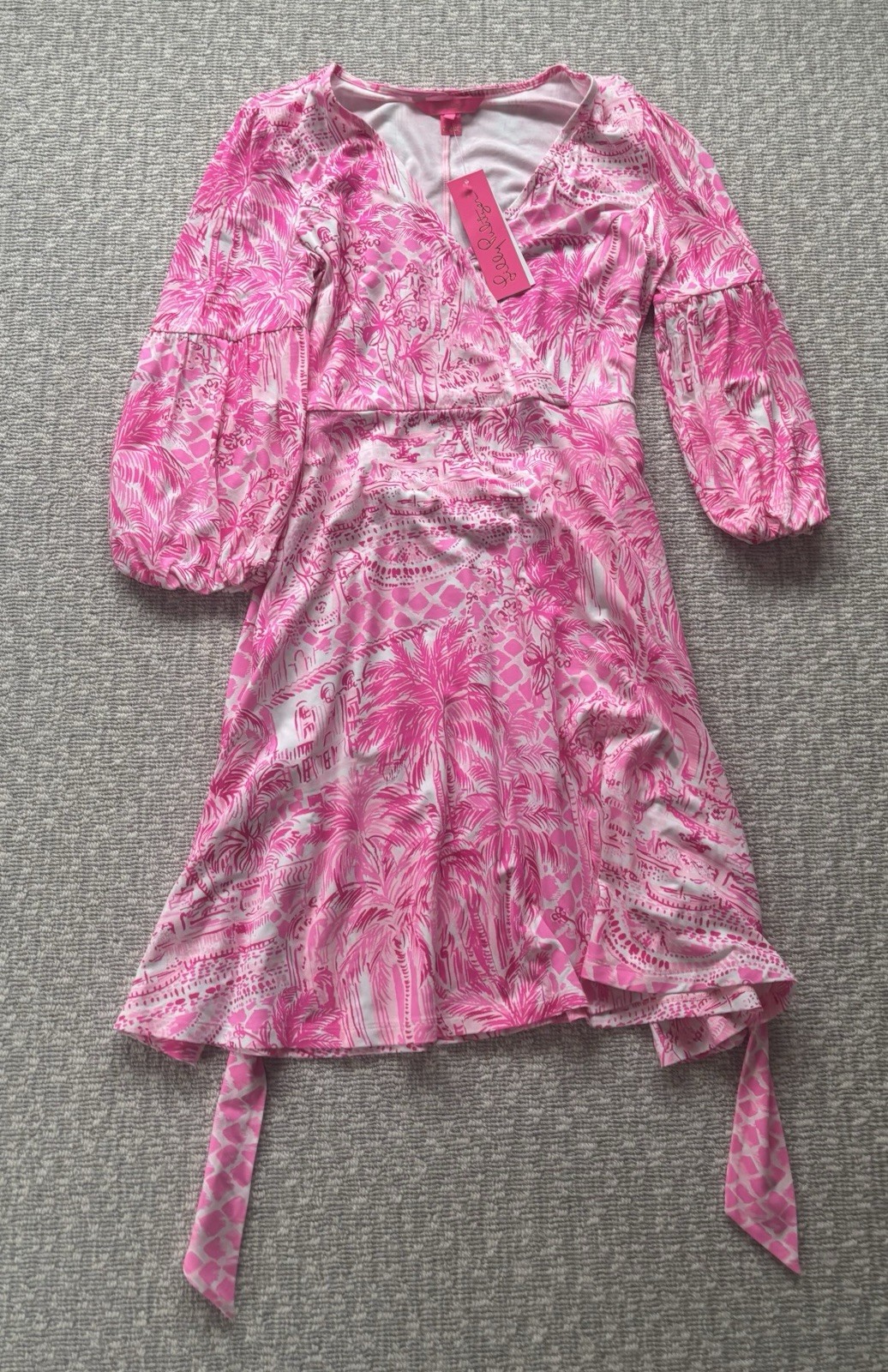 Lilly Pulitzer Chace Print Faux Wrap Pink Tropical Bell Sleeve Dress Small