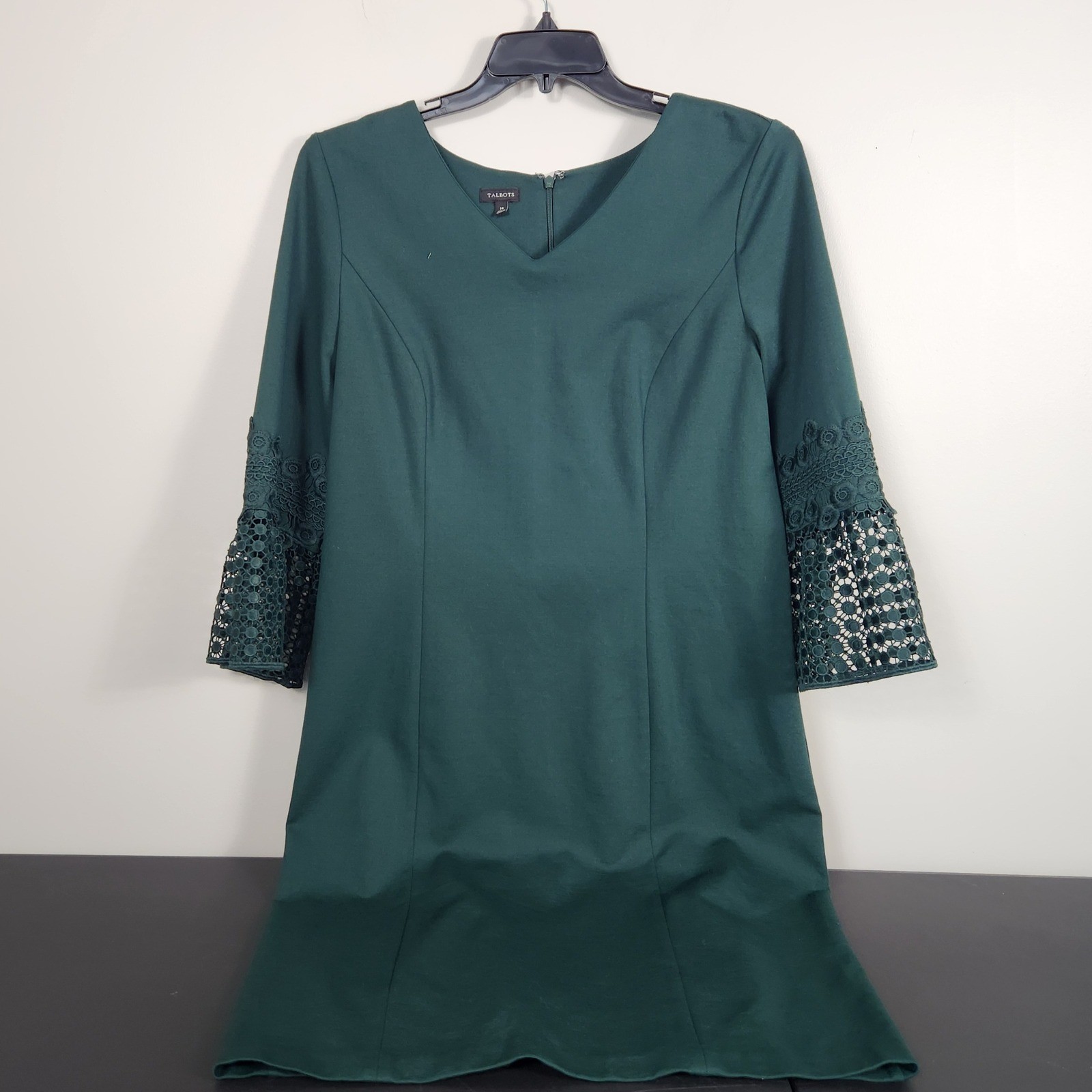 Talbots Womens Green Lace Cuff V-Neck Sheath Dress Size 14 Ponte Knit Holiday