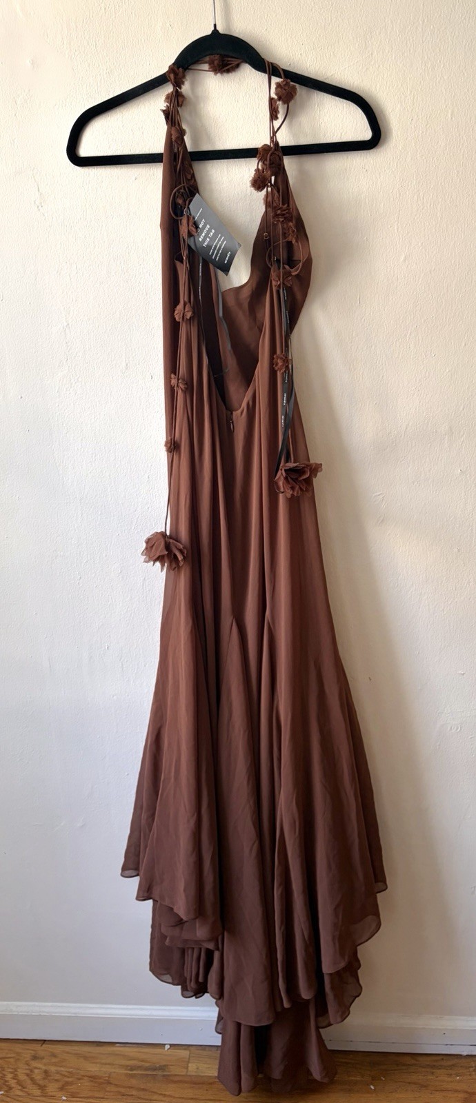 Retrofête $1298 DEENA CHIFFON DRESS Brown Silk Long Dress Backless Size Small