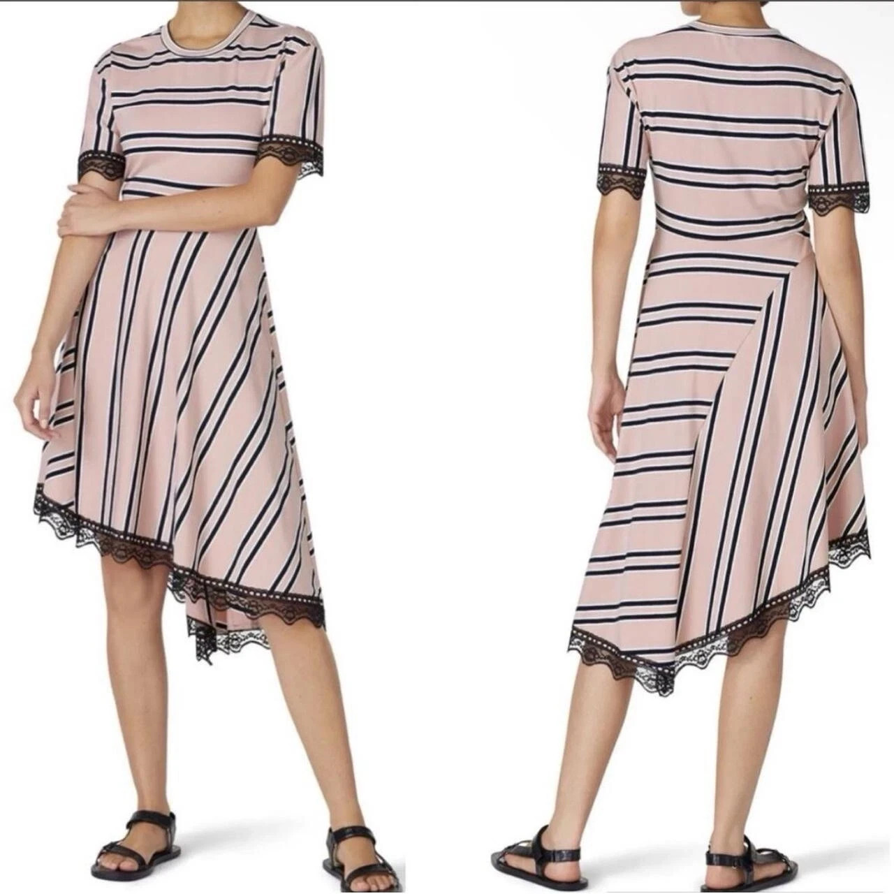 KOCHE Collective Women’s 36/US 4 Short Sleeve Striped Asymmetric Lace Hem Dress