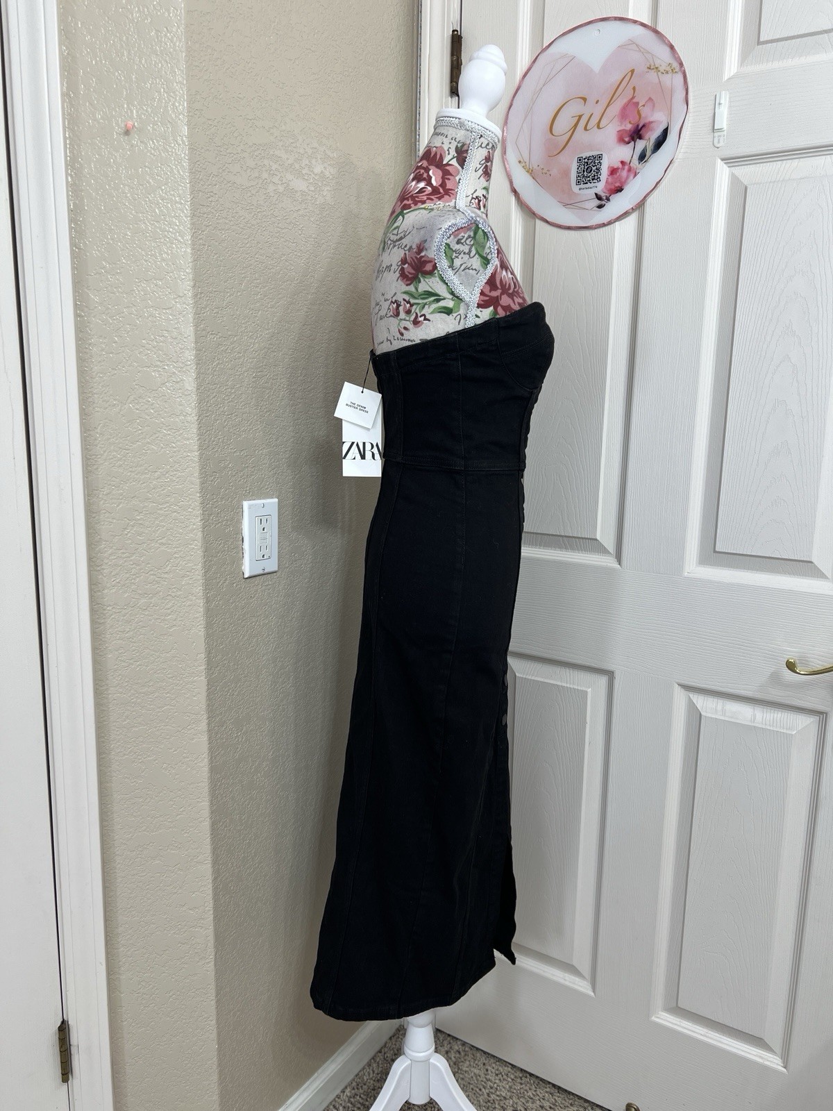 Zara Black Denim Strapless Button-Front Midi Dress with Slit Size S NWT