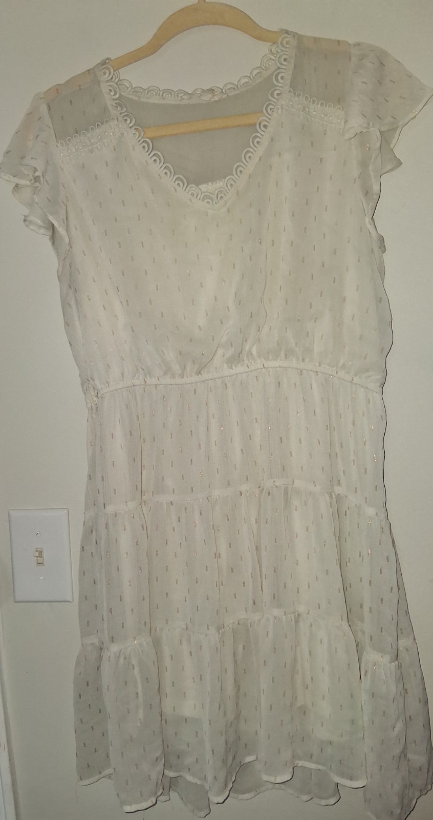 Sweet Wanderer White Gold Metallic Clip Dot Tiered Cottagecore Dress XL