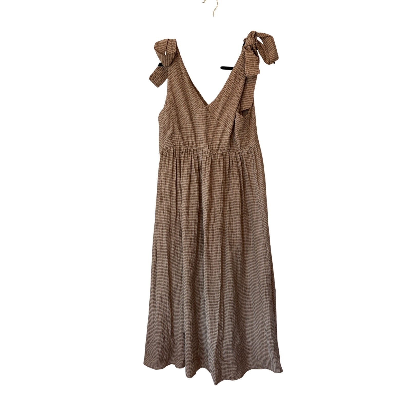 Apero Mallorca nursing dress medium gingham brown cream tan v-neck bow