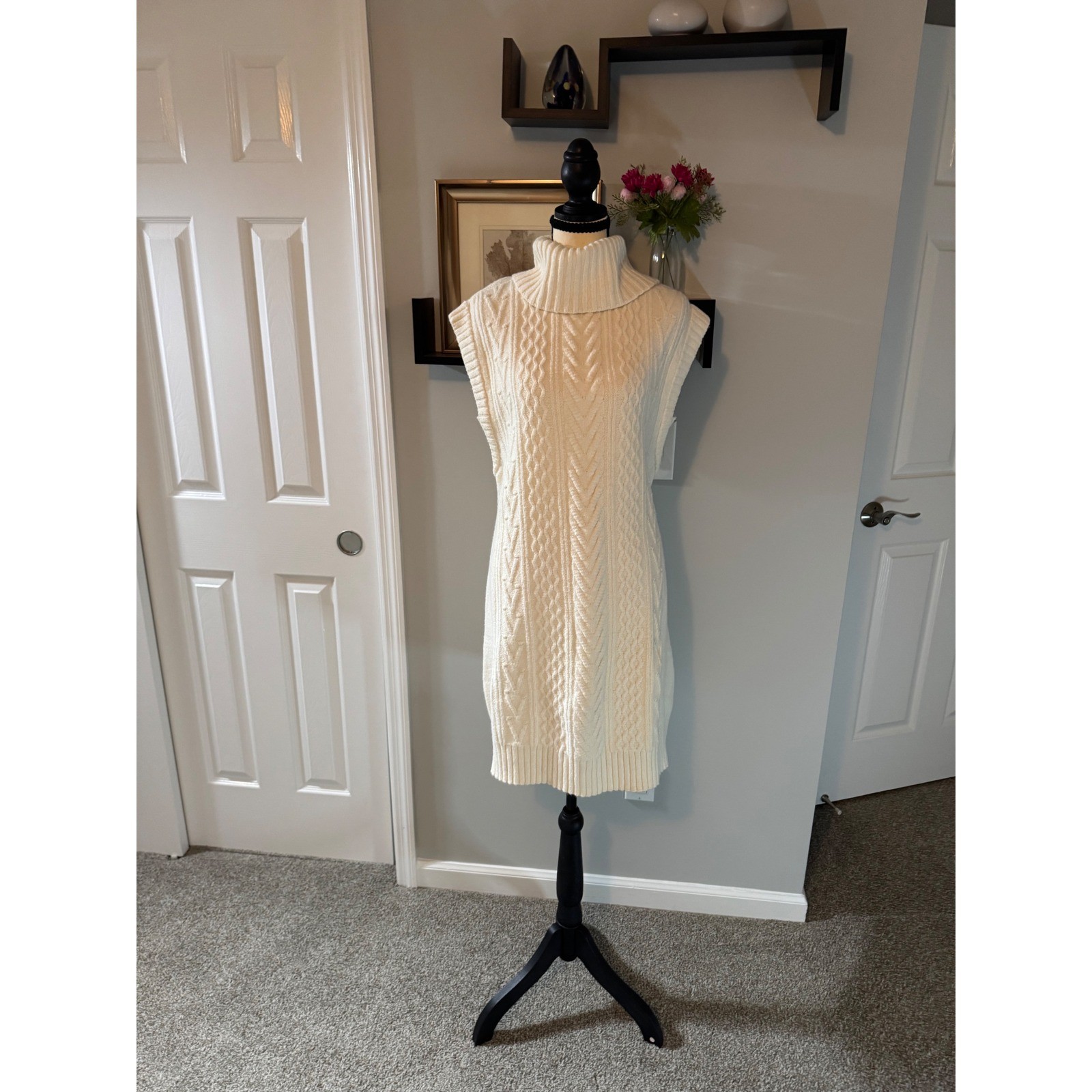 Free Assembly Womens Cable Knit Sleeveless Turtleneck Sweater Dress Cream Large