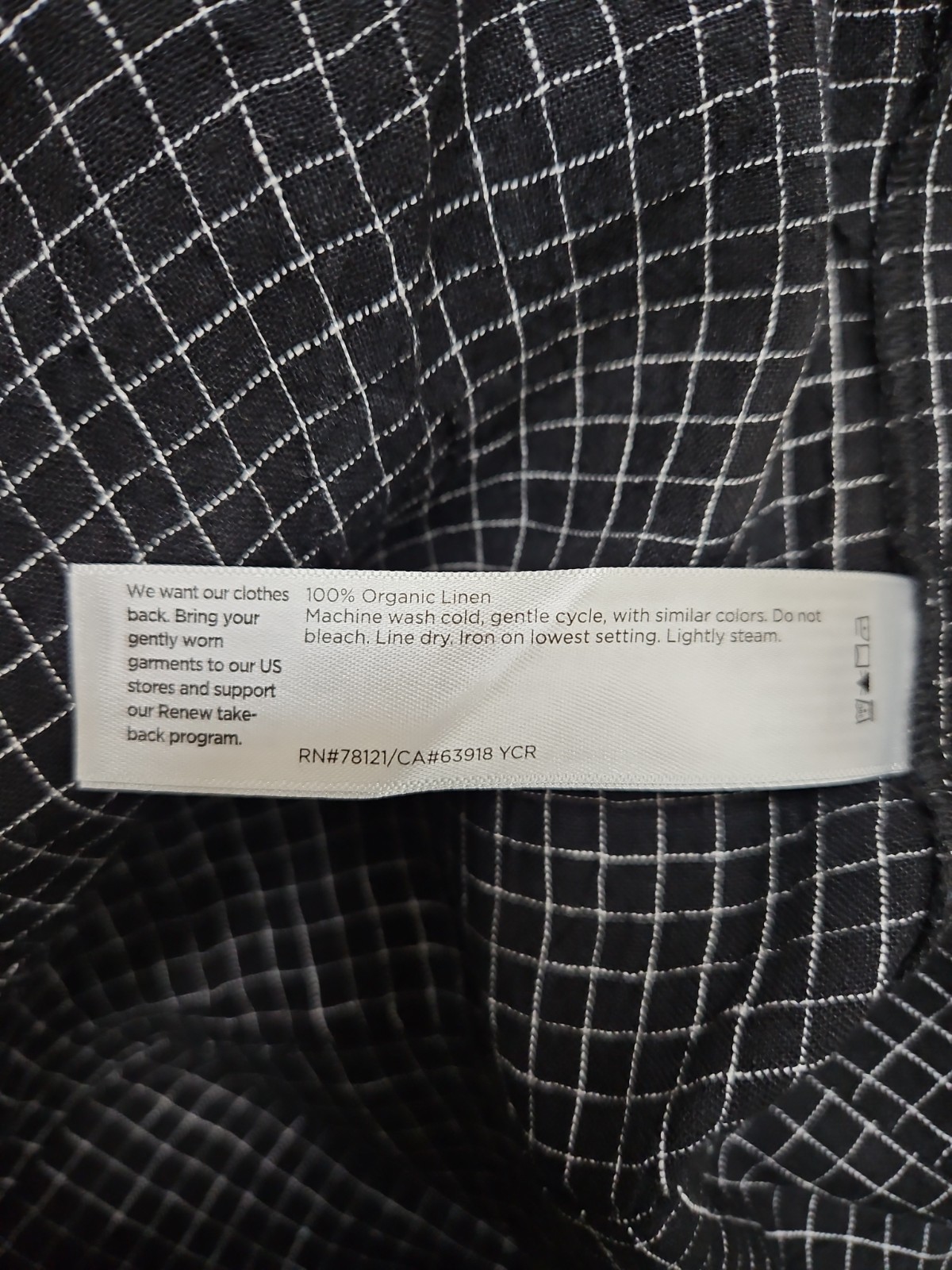 New Eileen Fisher Puckered Linen Grid Classic Collar Dress Black/White Sz S