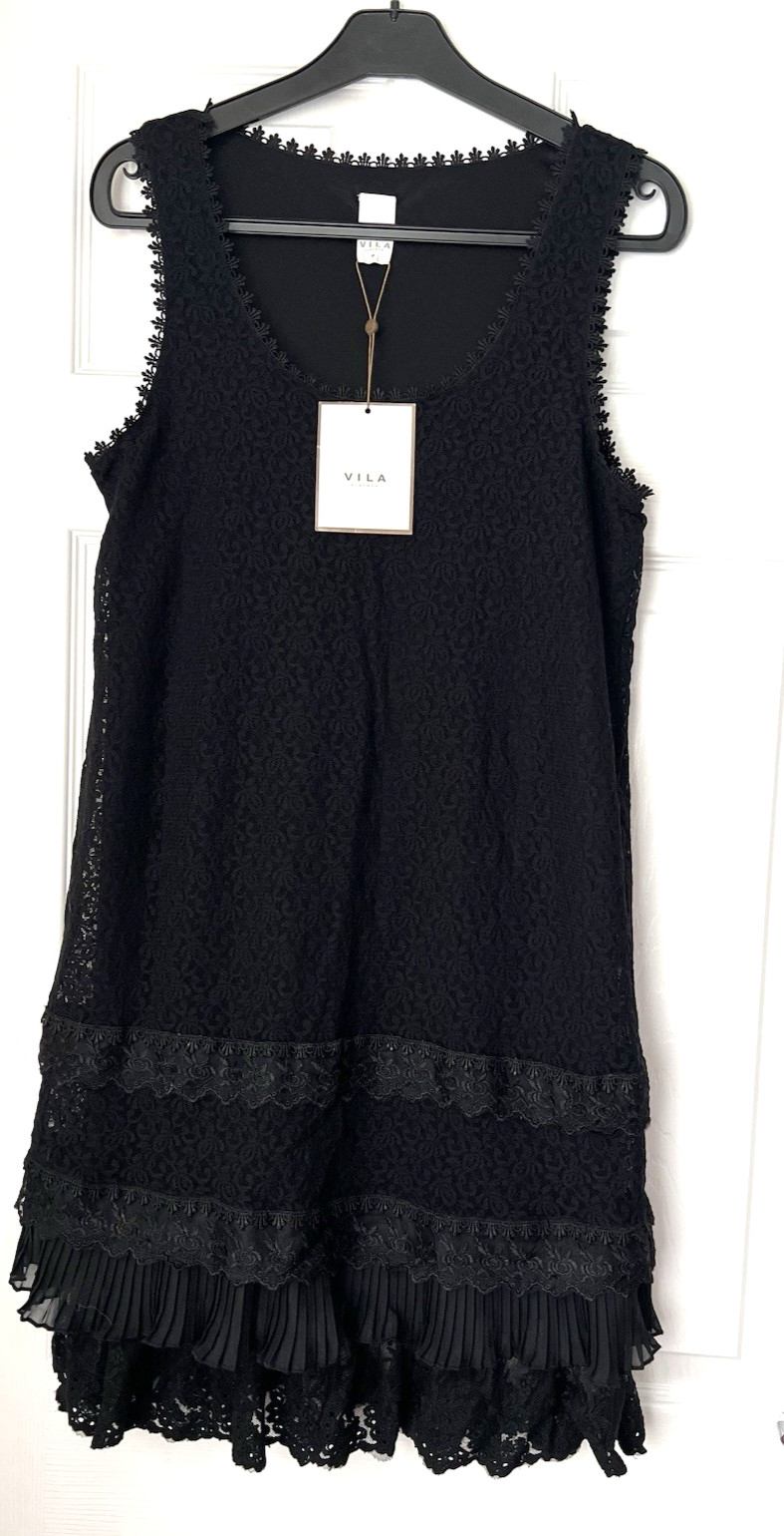 VILA Black Lace Layered Sleeveless Fit & Flare Dress Ladies UK 10 (Medium)