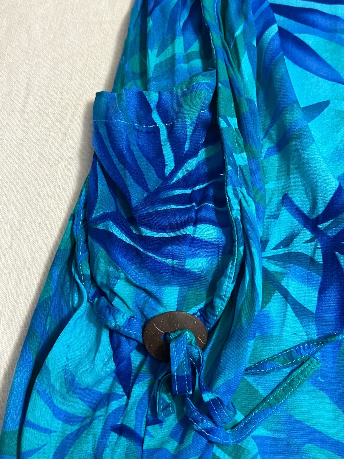 Tangerine Temple Blue Tropical Leaf Rayon Cocoon Dress L Pocket Coconut Button