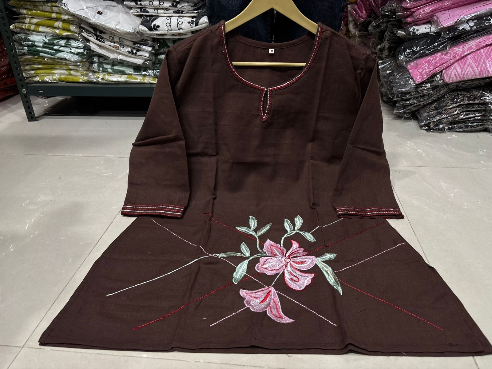 Women Brown Cotton Flex Co-Ord Set Embroidered Wark Kurti Pant Set Ethnic Wear