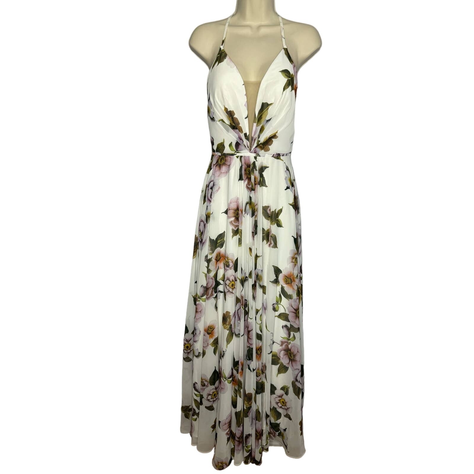 Faviana Floral Chiffon Gowm Maxi Dress Prom Homecoming Lace Ivory Lavender 6