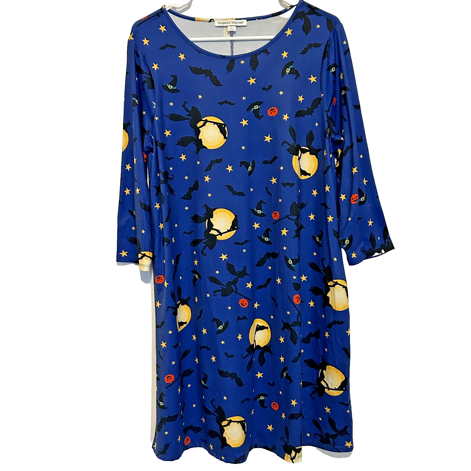 Halloween Dress Witch Bats Moon Women’s M Purple Yellow Polka Dot Midi Length