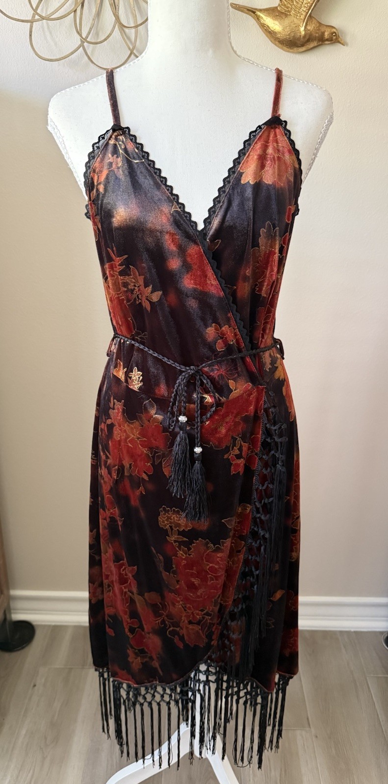 Velvet Floral Wrap Fringe Midi Dress Tassel Boho Goth Festival Women’s M