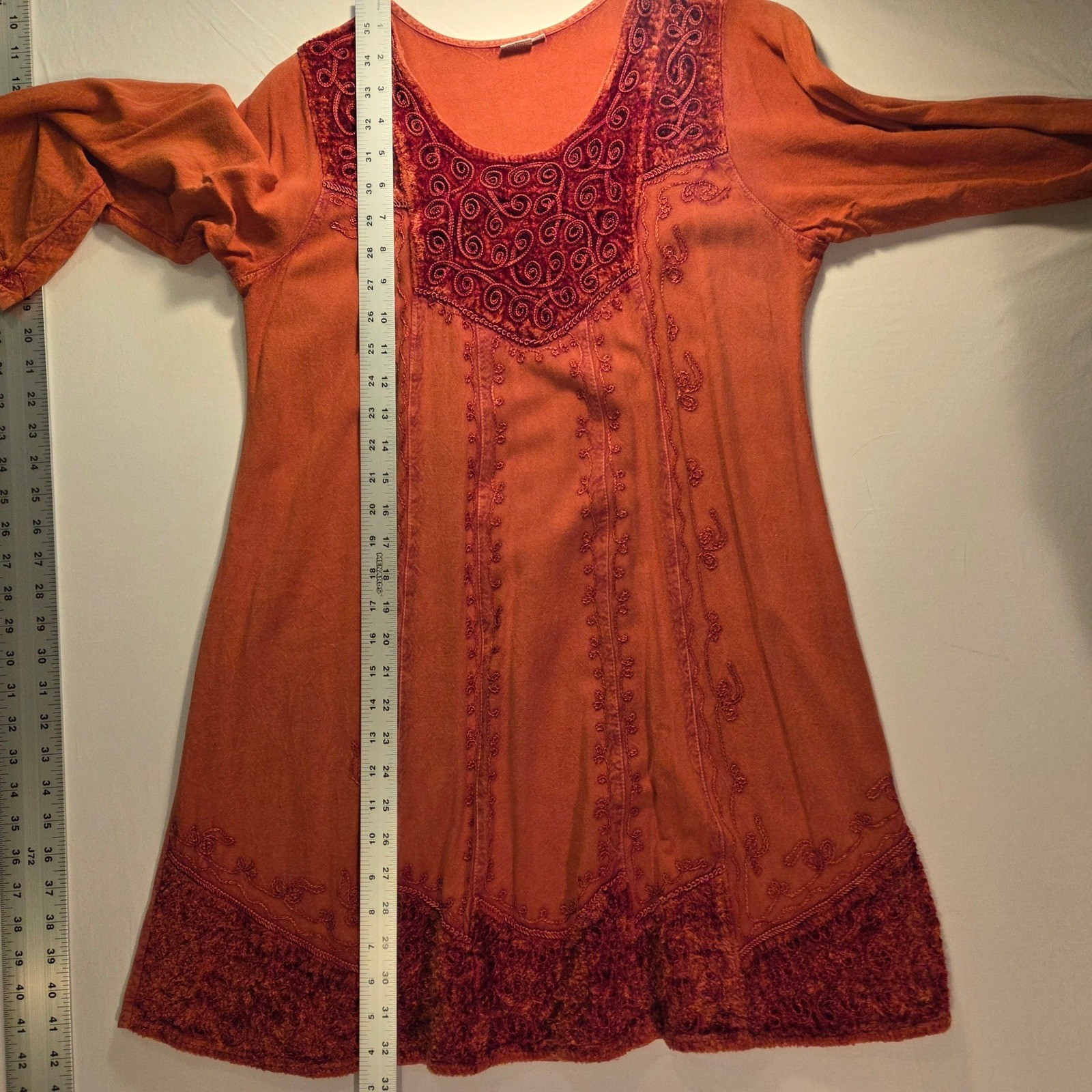 Women’s Tunic Boho Shirt Dress Size S/M Embroidery Tie Waist 3/4 Sleeves Hippie