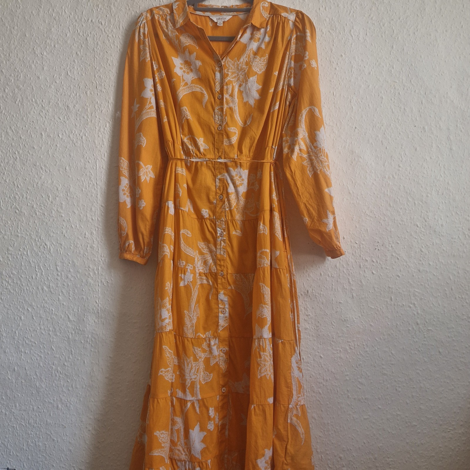 Per Una M&S Maxi Tiered Shirt Dress Pockets Floral 100% Cotton Orange UK 12R