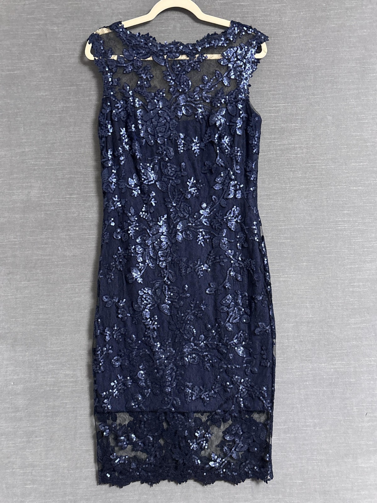 Tadashi Shoji Dress 10 Navy Blue Sequin Illusion Sheath Cocktail Formal Evening