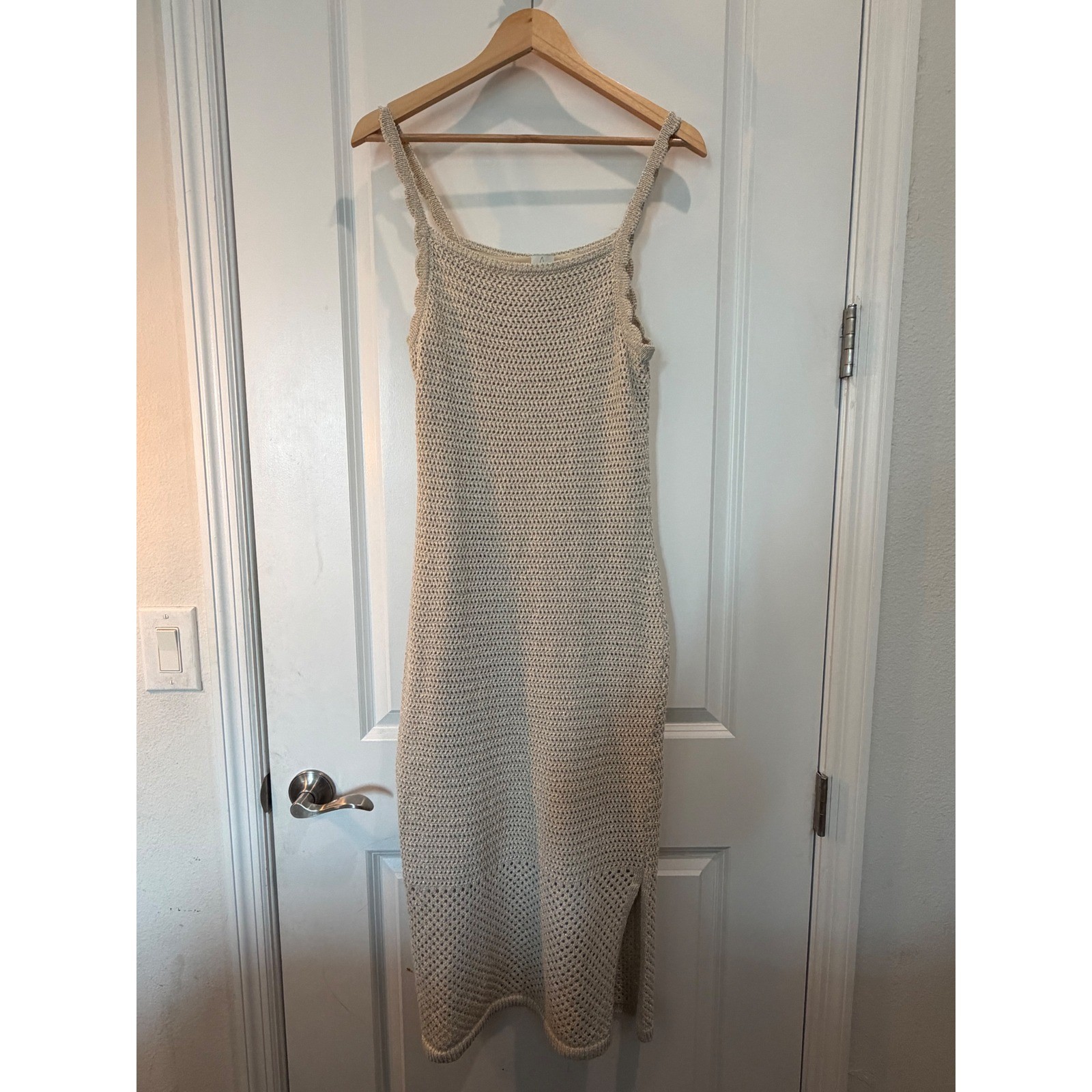 Joie Metallic Crochet Knit Midi Dress Beige Scallop Trim Side Slit Size L