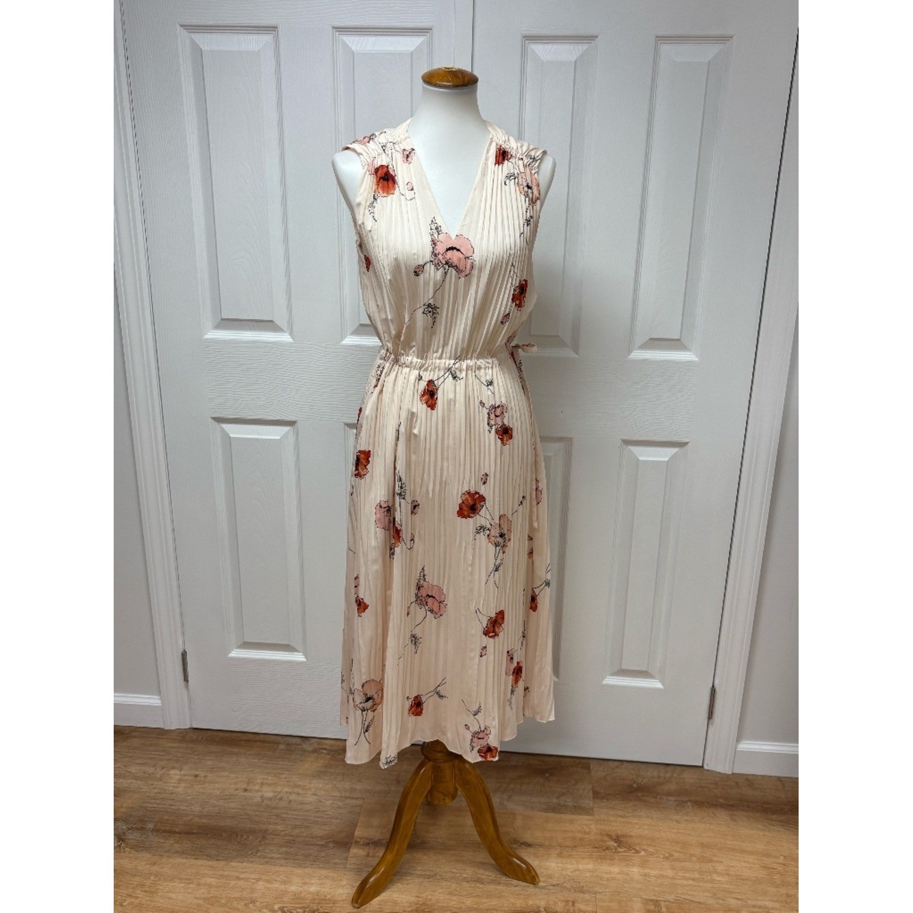 Vince Tossed Poppy Pink V-Neck Pleated Midi Sleeveless Dress – Size S.
