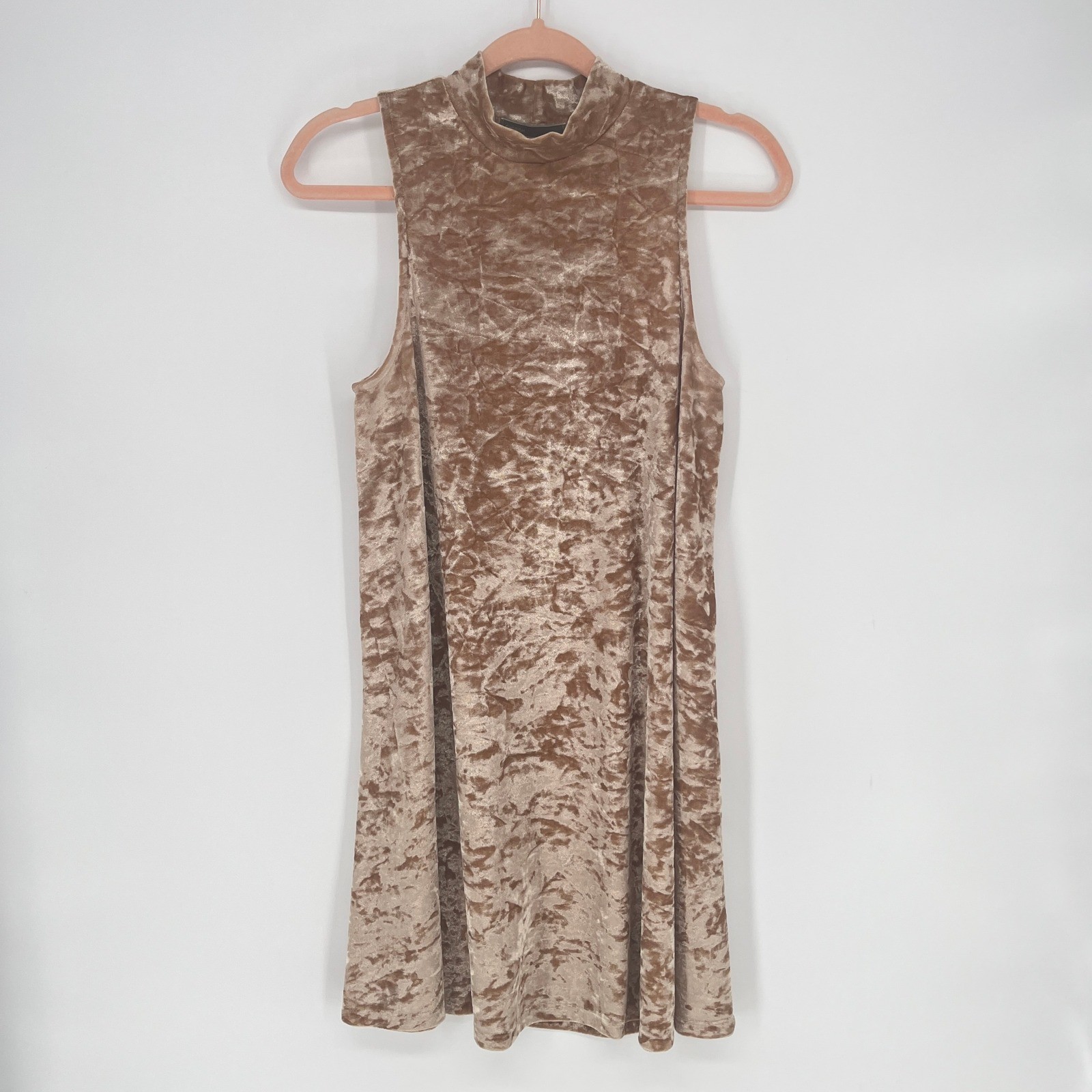 Cherish Crushed Velvet Whimsigoth Mock Neck Swing Dress Taupe Sleeveless Small