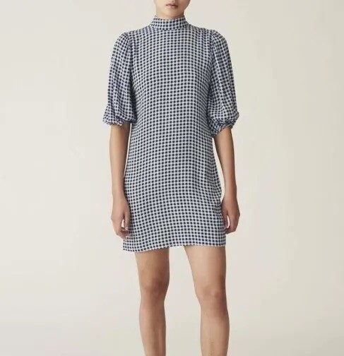 GANNI GINGHAM HIGH-NECK DRESS IN BRUNERA BLUE 32/0