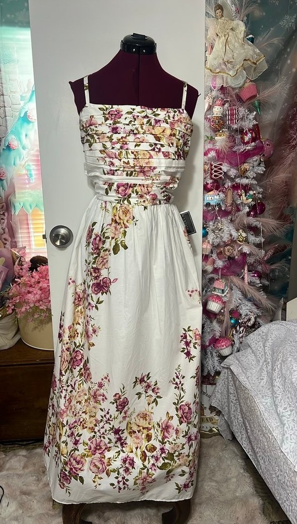 1.STATE Floral Maxi Dress Womens XL White Pink Good Back Bow Wedding Guest