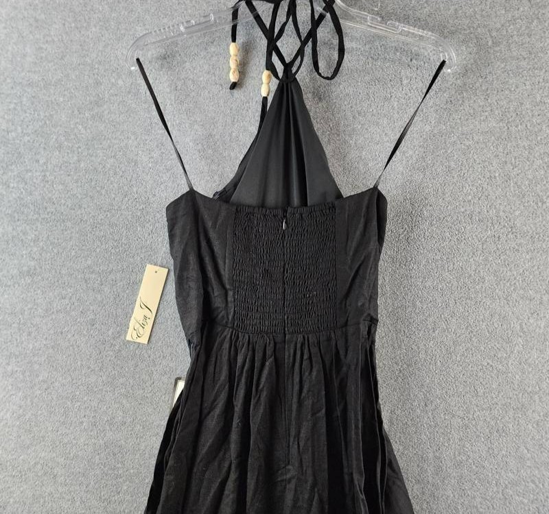 Eliza J Beaded-Strap Contrast-Trim Halter MIDI Dress Women’s 6 Black Linen Blend