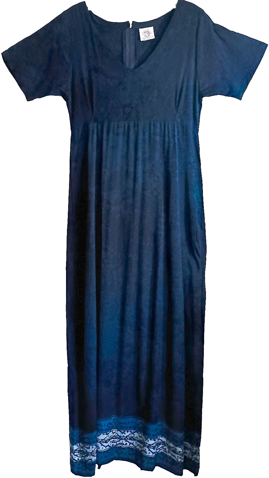 Dress, Long, Zipper, Blue Border Batik, Medium, Rayon, Hand Made, 50″ Length
