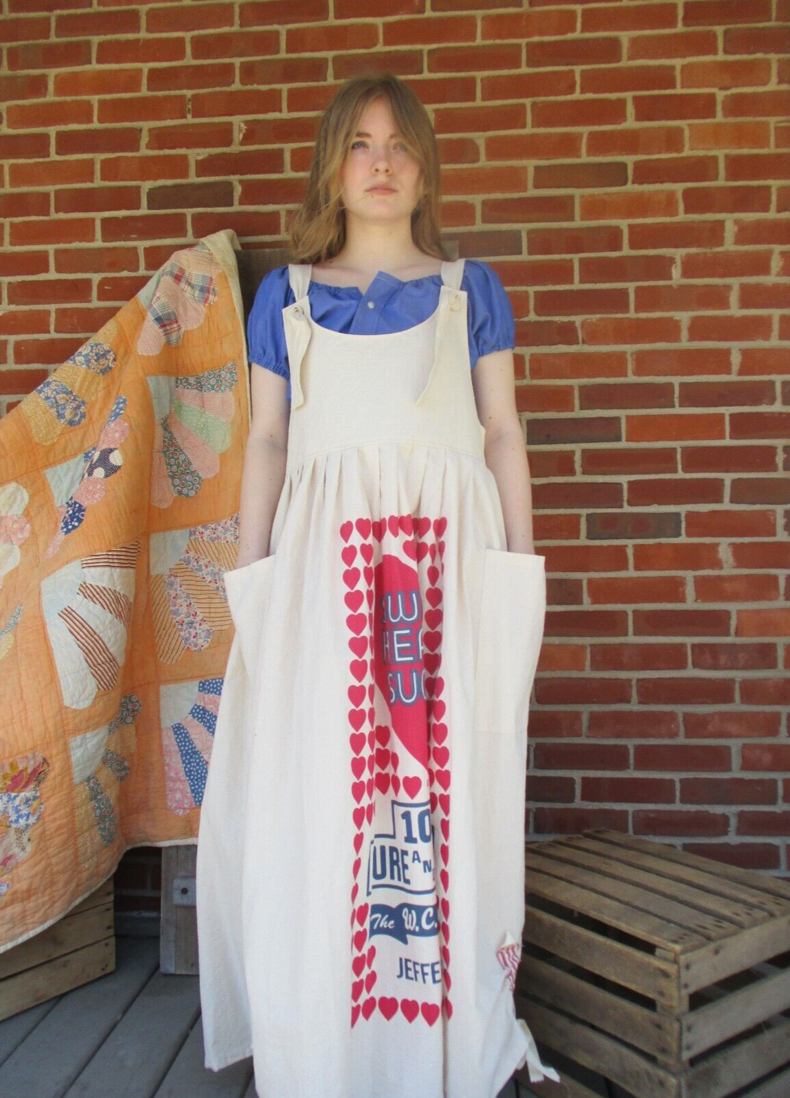 Feed Sack jumper, flour sack dress, small 8-10, pinafore, country, cotton jumper