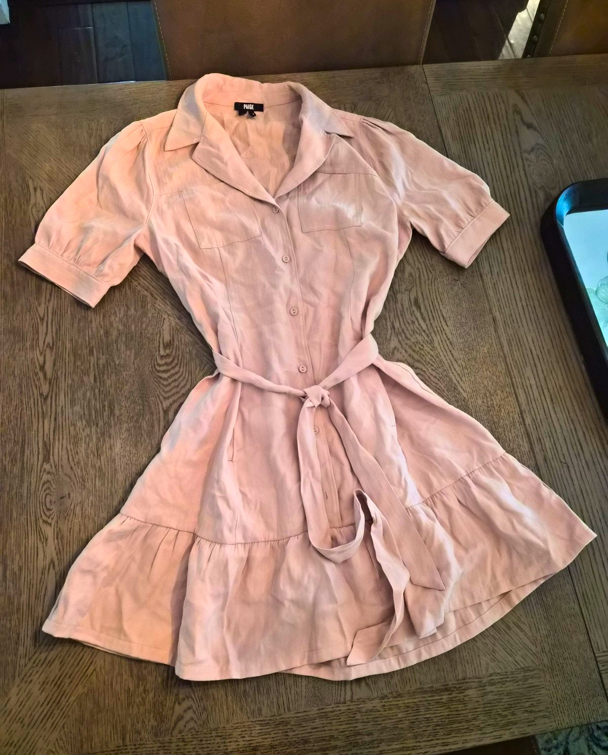 PAIGE Women’s Pink Solid Shirt Dress M Collared Short Sleeve Belted Buttons