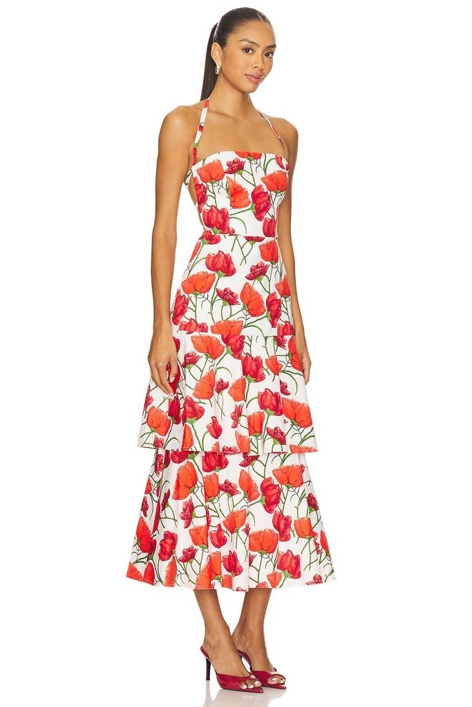MILLY $475 Women’s 10 Open Cross Back Red Peonia Poplin tiered Midi Dress