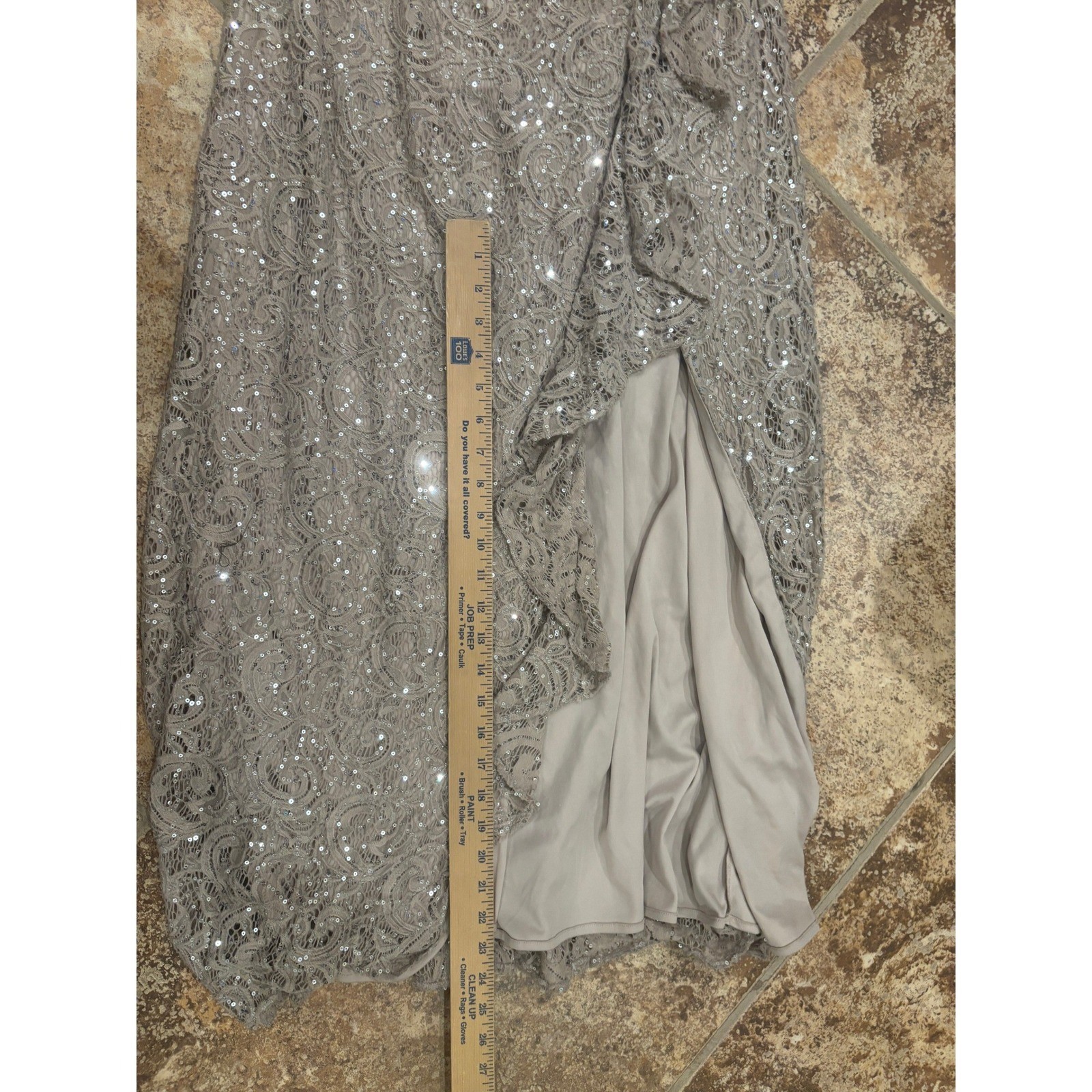 Alex Evenings Gown Womens 16 Taupe Sequin Lace Sleeveless Side Slit Formal Dress