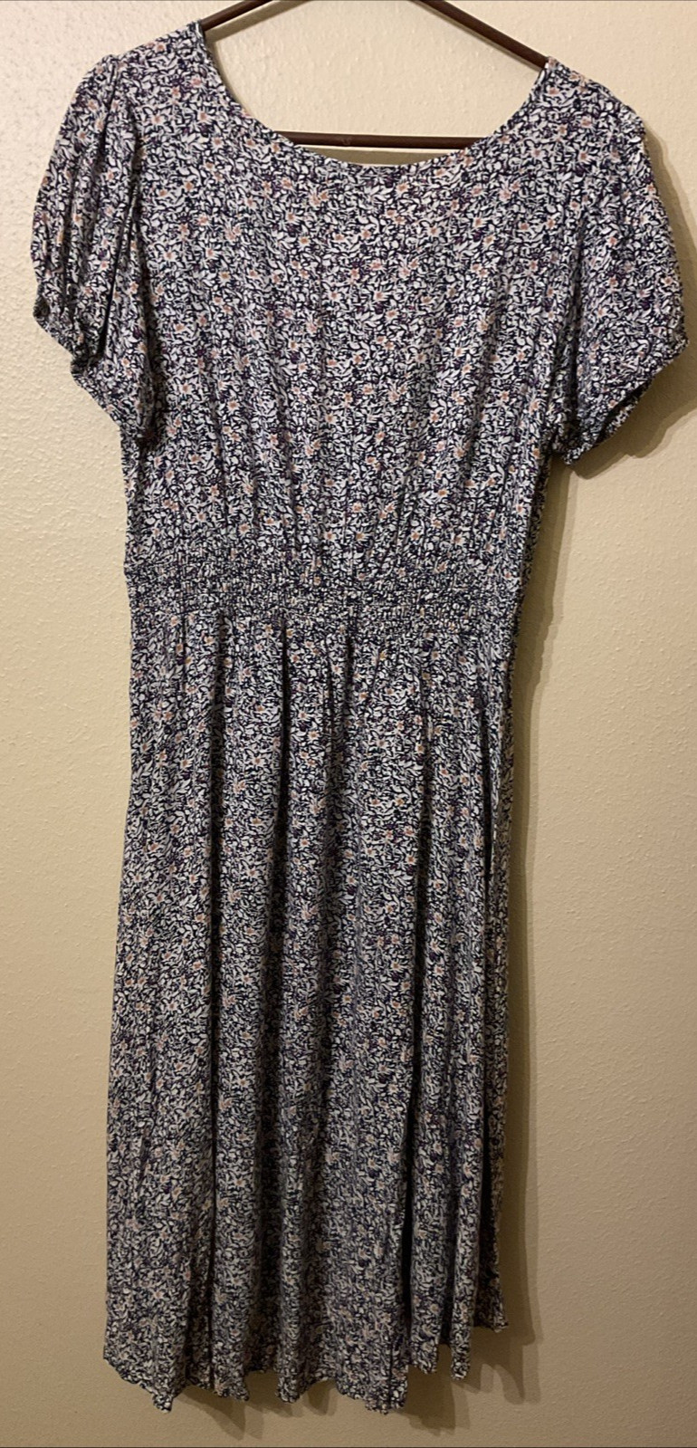 Indigo Rose Navy Blue Purple MicroFloral Short Sleeve Midi High Low Hem Dress XL