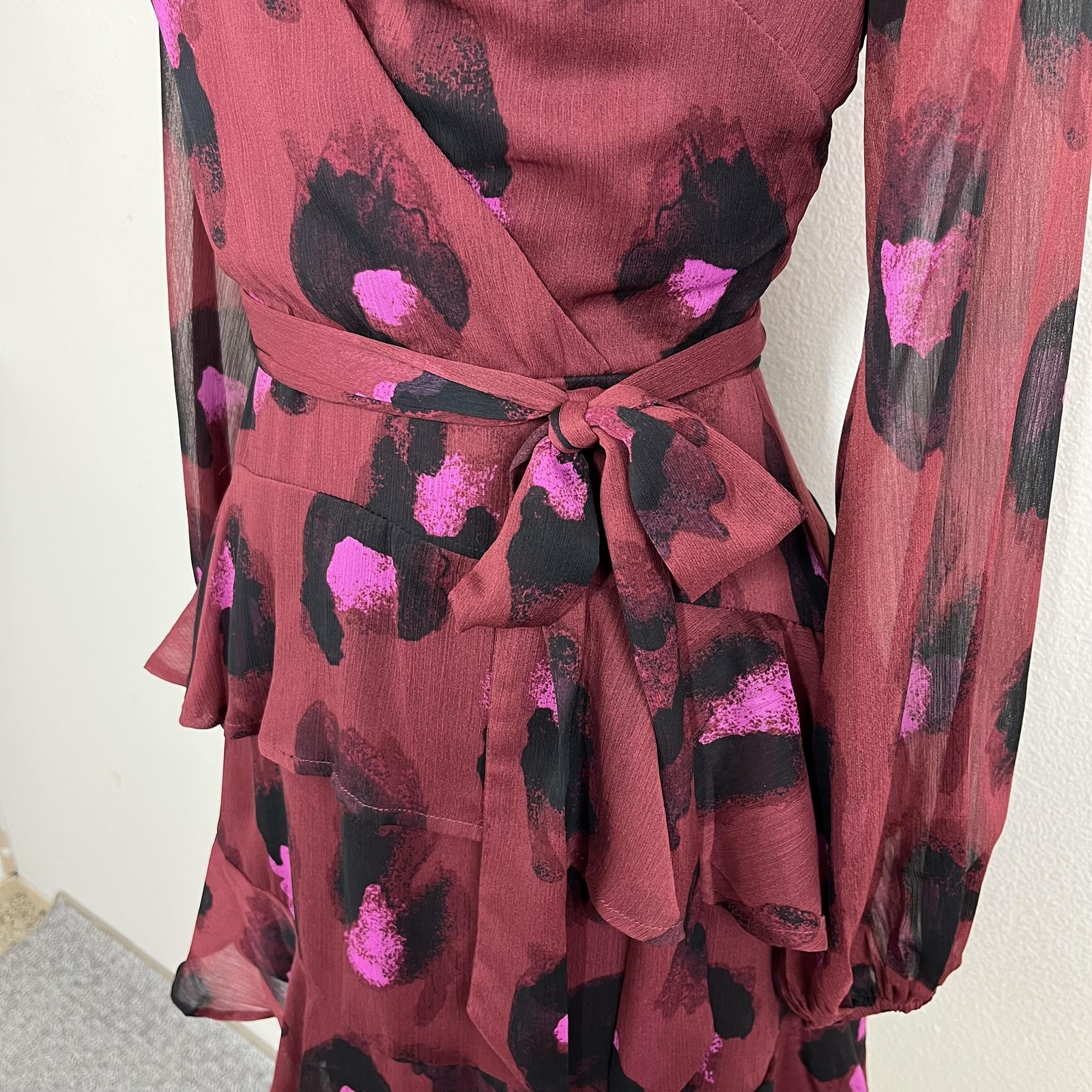 Love Fire Dress Womens Small Red Animal Print Wrap Ruffle Mini Party Cocktail
