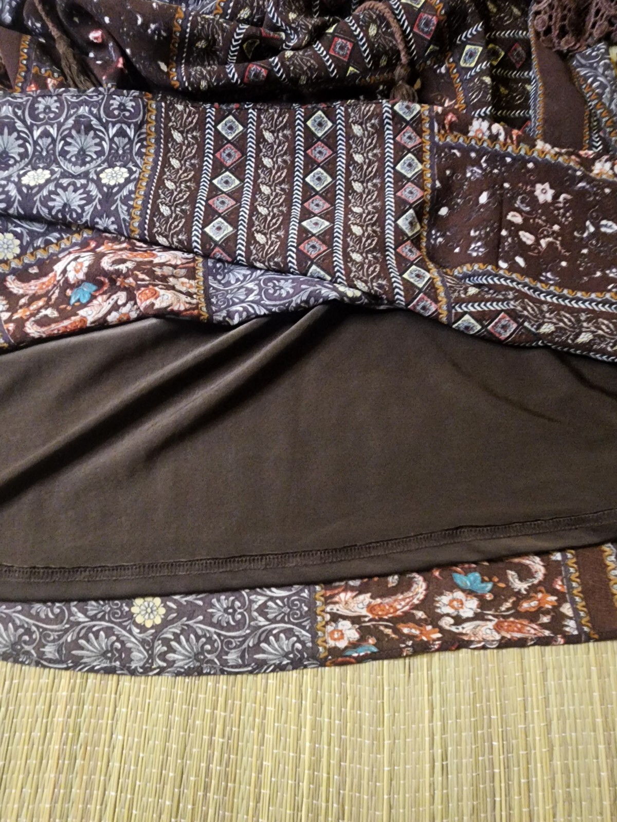 Bow + Arrow Boho Peasant Dress Brown Patchwork Sheer Lace Tassels Women’s S EUC