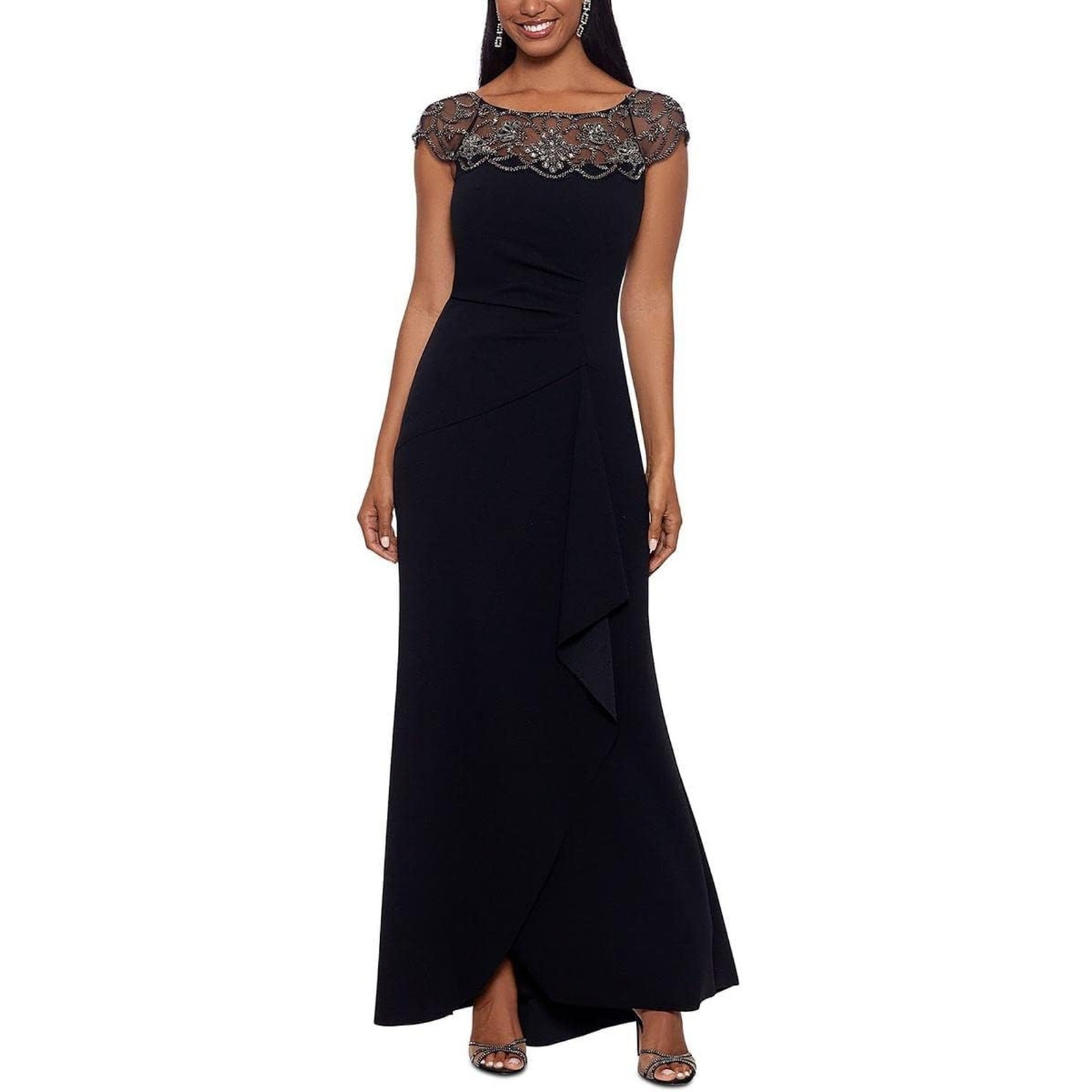 Xscape Women’s 16 Black Party Beaded Yoke Illusion Boat Neck Formal Gown HR4-31