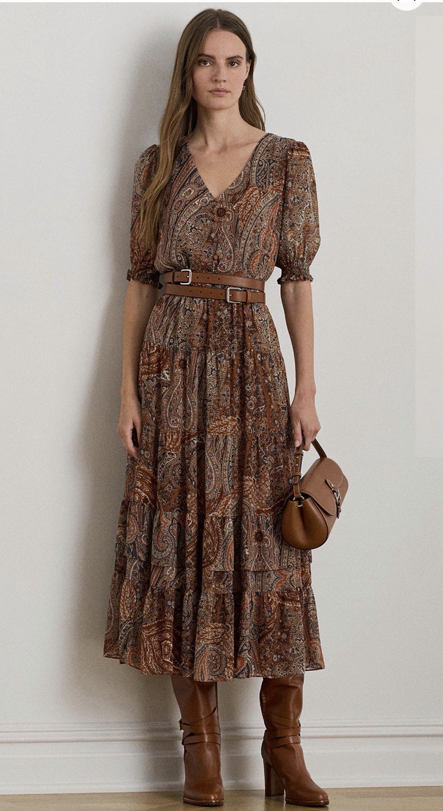 New RALPH LAUREN 18W Plus PAISLEY Belted Crinkle Georgette Dress $225