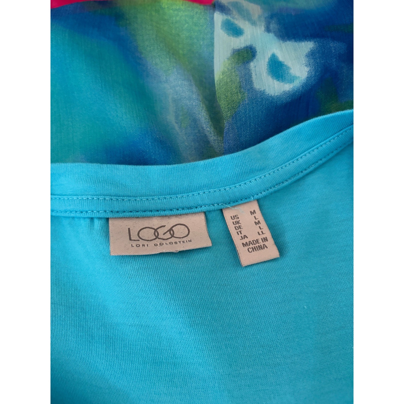 LOGO by Lori Goldstein Turquoise Watercolor Mixed Media Maxi Dress Sz M
