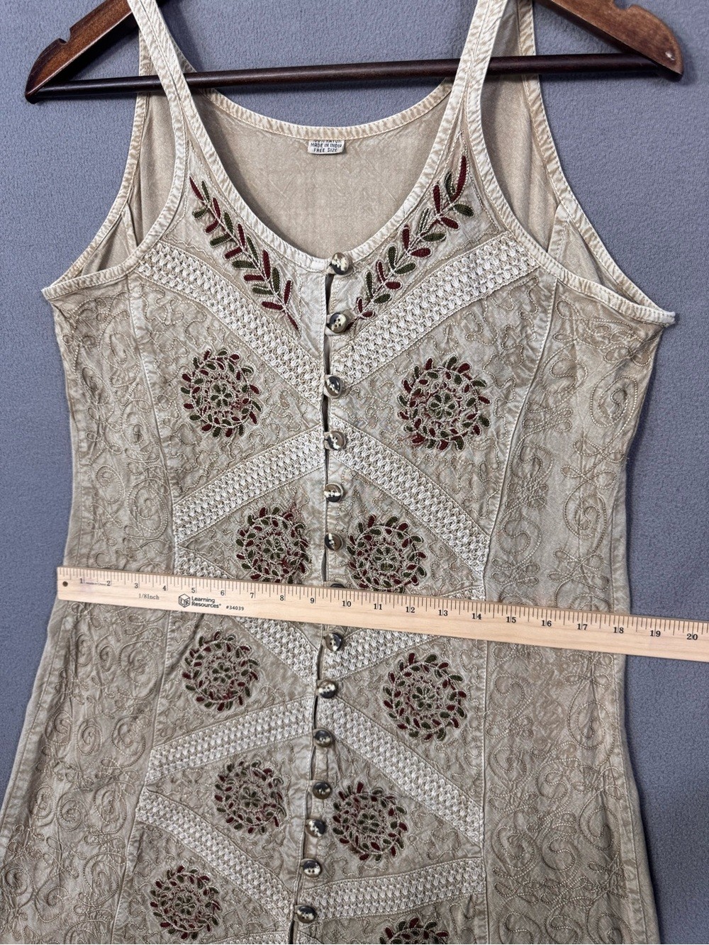 Vintage 90’s Embroidered Button-Front Tie-Back Midi Dress, Sand, Red and Green