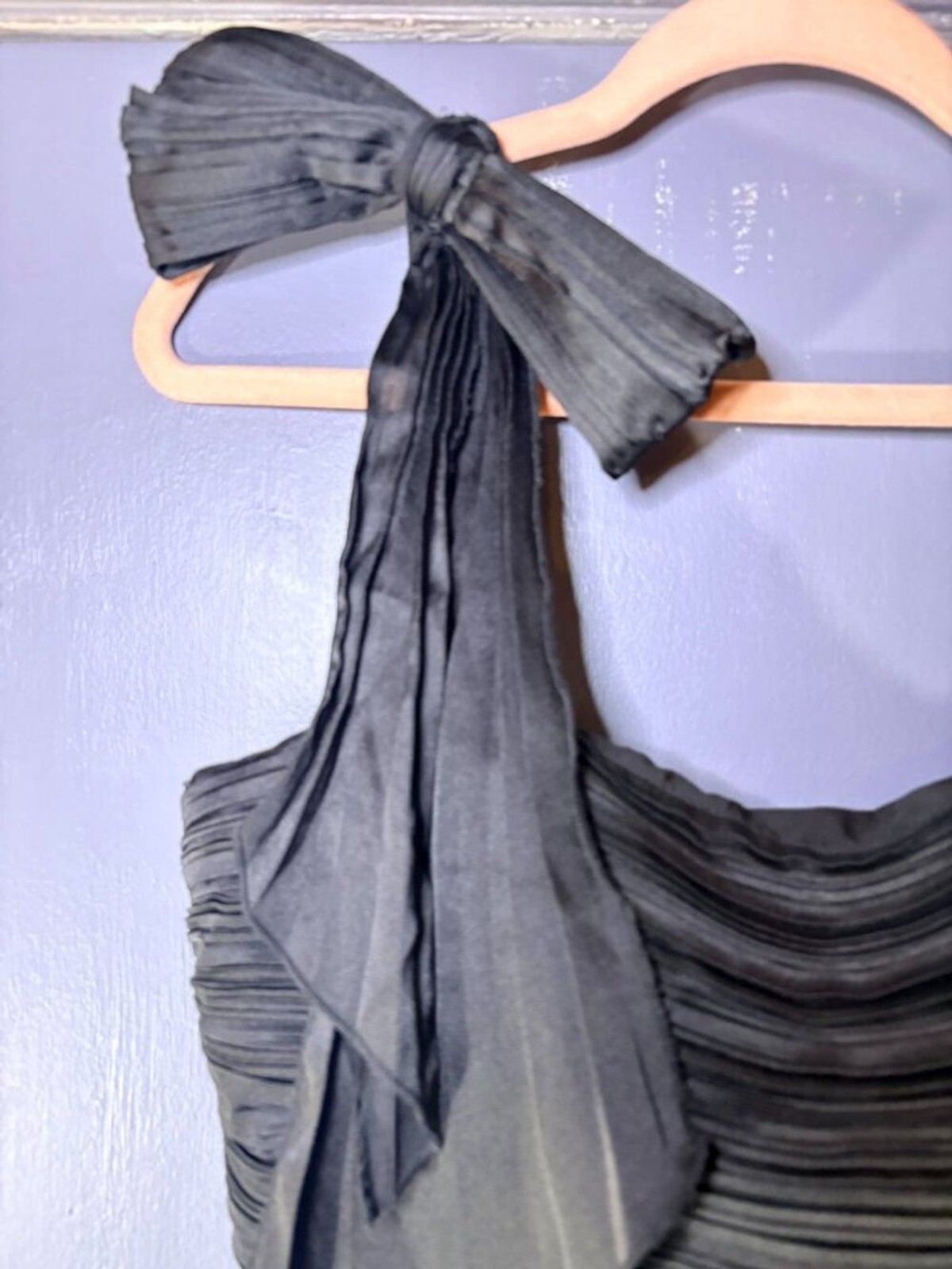 NWT Lulus Stunning Black Satin Pleated Bow Maxi Dress L