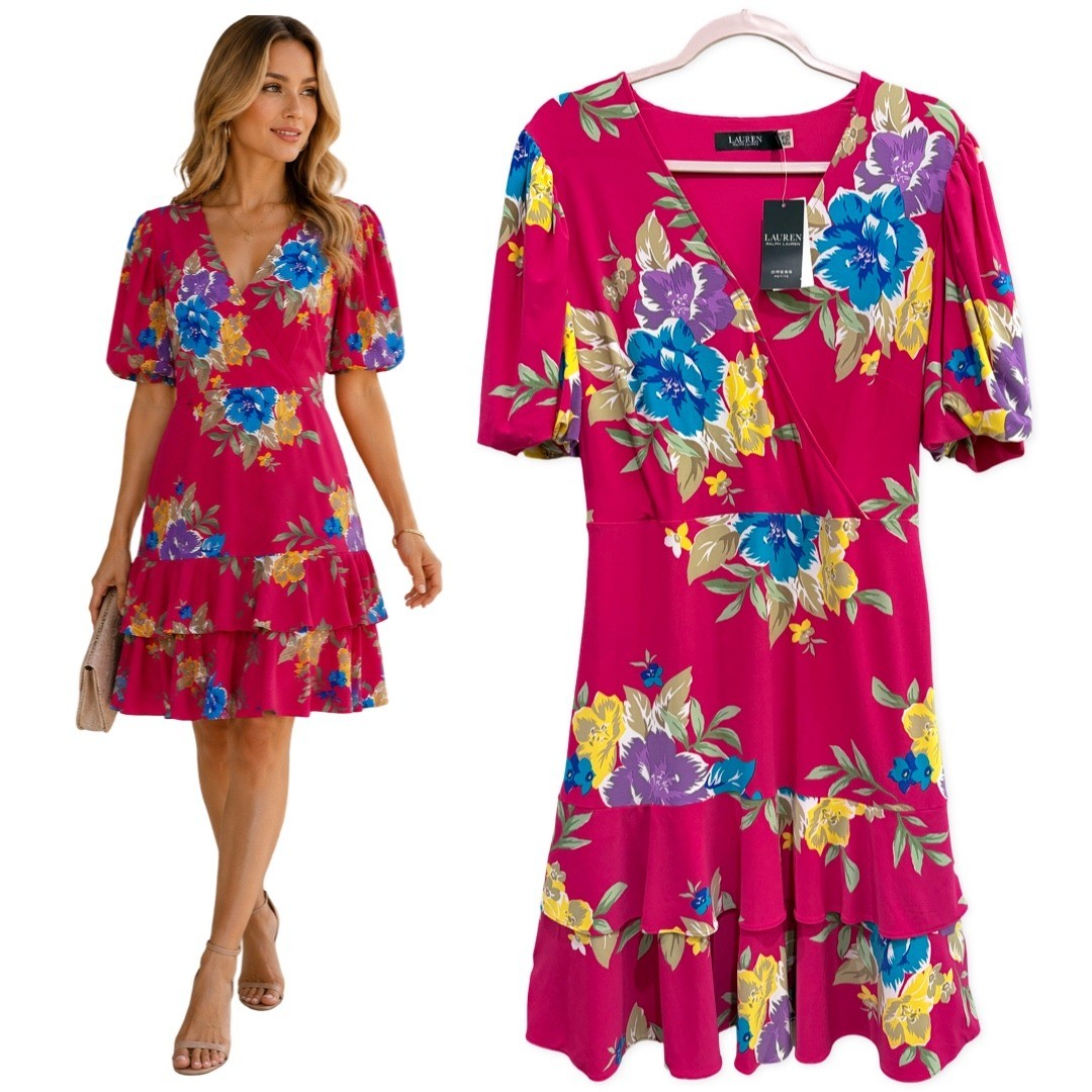 Ralph Lauren Floral Mini Dress Pink Large Puff Sleeve V Neck Ruffle Stretch