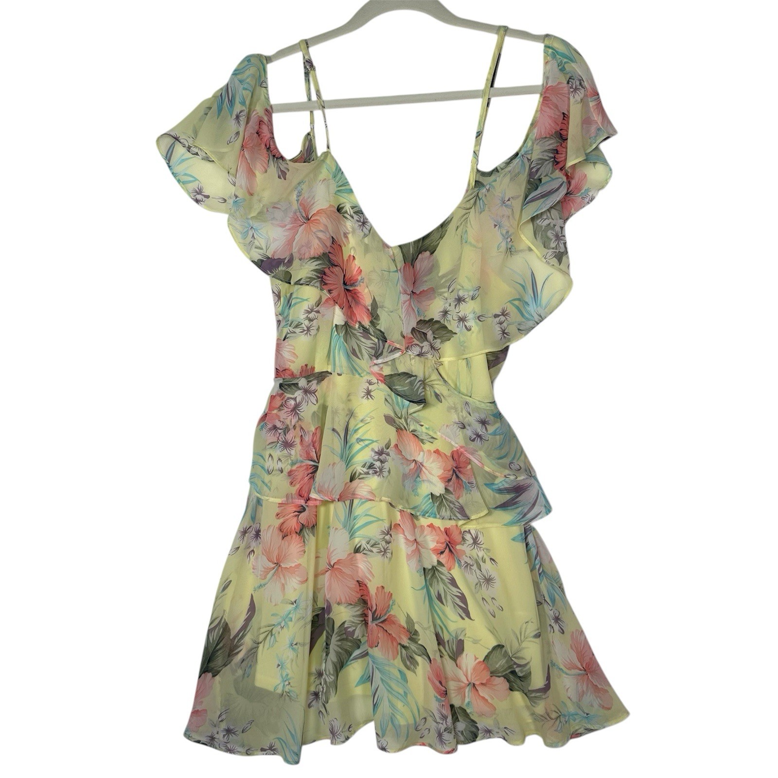 Loveriche Yellow Floral Cold Shoulder Ruffle Mini Dress Tropical Cottagecore S
