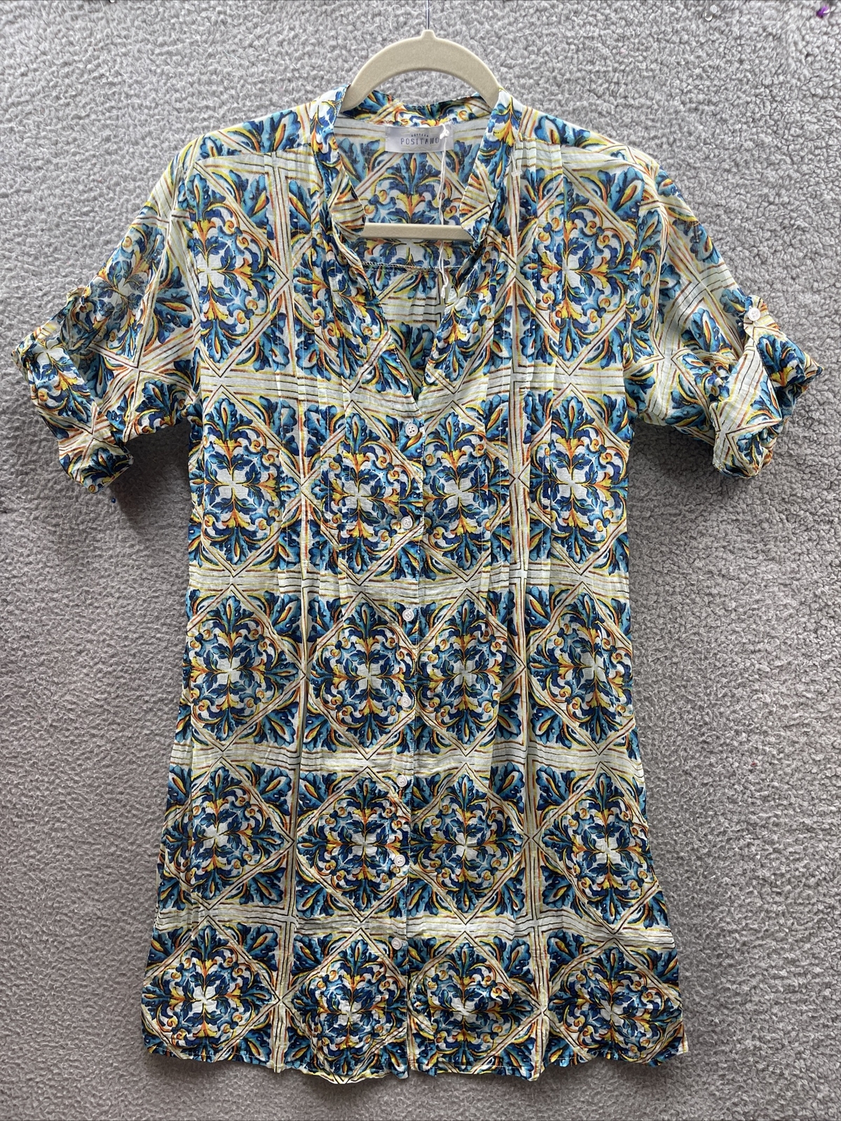 BOTTEGA POSITANO Tunic Color di mare colab O/S (Med/Large) Floral Indian Cotton