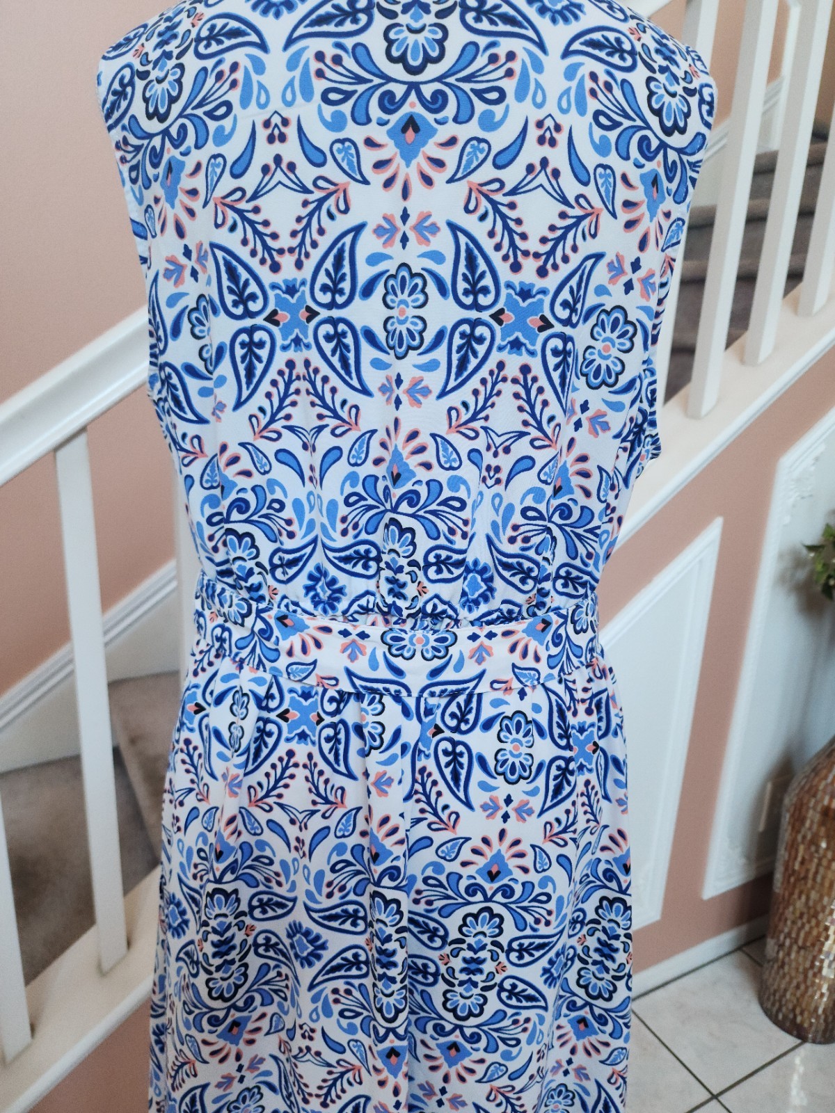 NWOT CROFT & BARROW Blue Floral Notch Neck Belted Sleeveless Shirt Dress Sz PXL