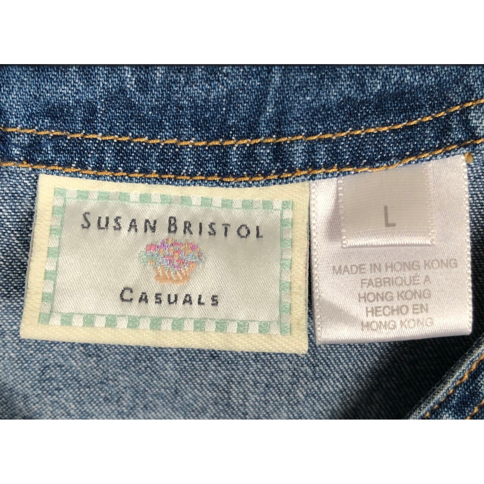 VTG SUSAN BRISTOL Casuals Denim Jumper Dress Sz L Cotton Blue V-Neck Pockets
