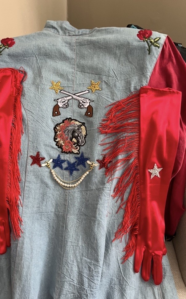 Vintage Western Rodeo Dress 14 Custom Denim Texas Star Cowgirl Red Fringe Gloves