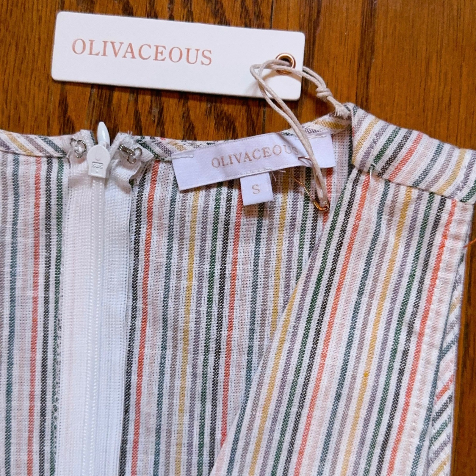 Olivaceous Linen Blend Striped Dress S Plunge V Front Knot Pockets NWT