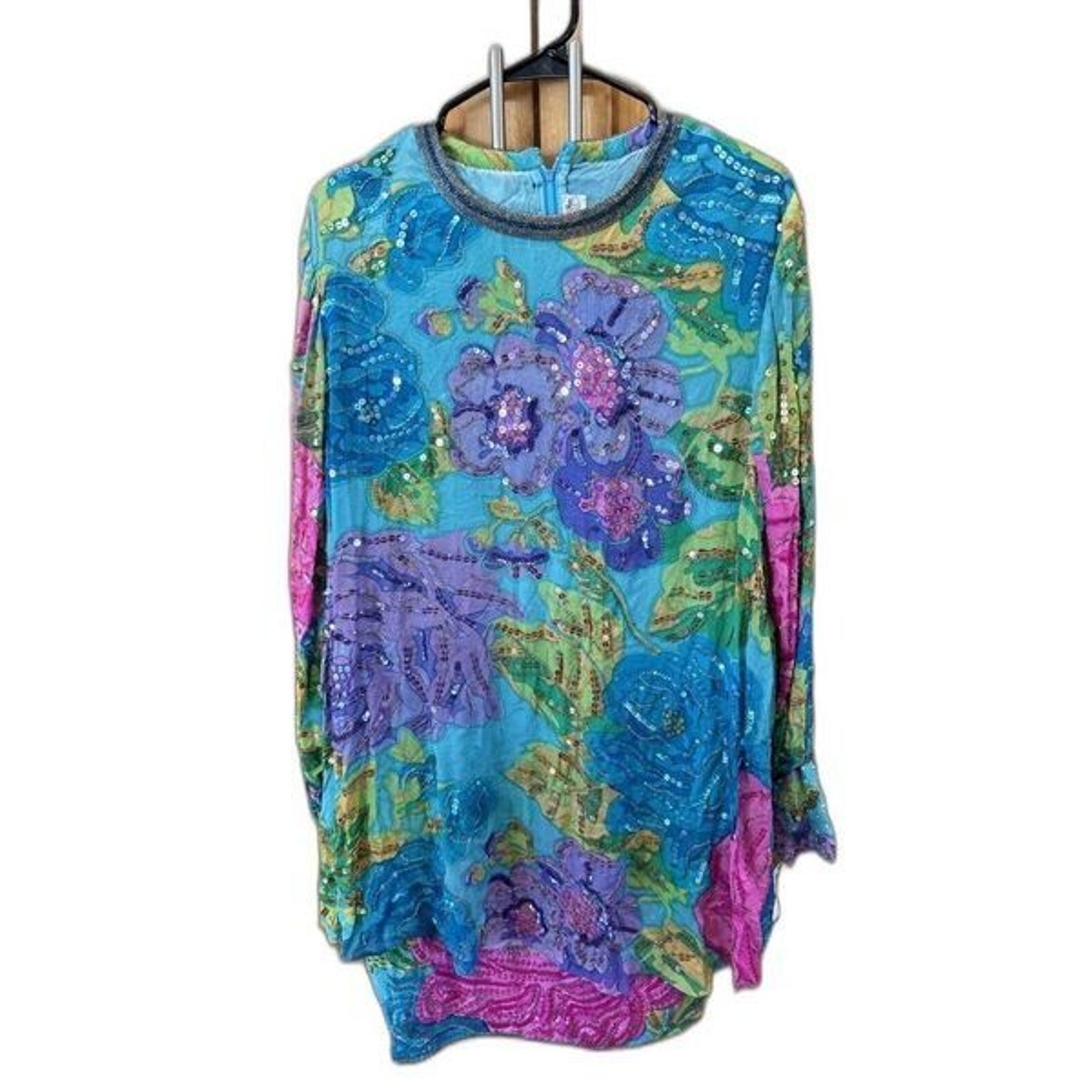 Judith Ann Creations Colorful Sequined Silk Blouson Dress M Vintage New Zip Hook